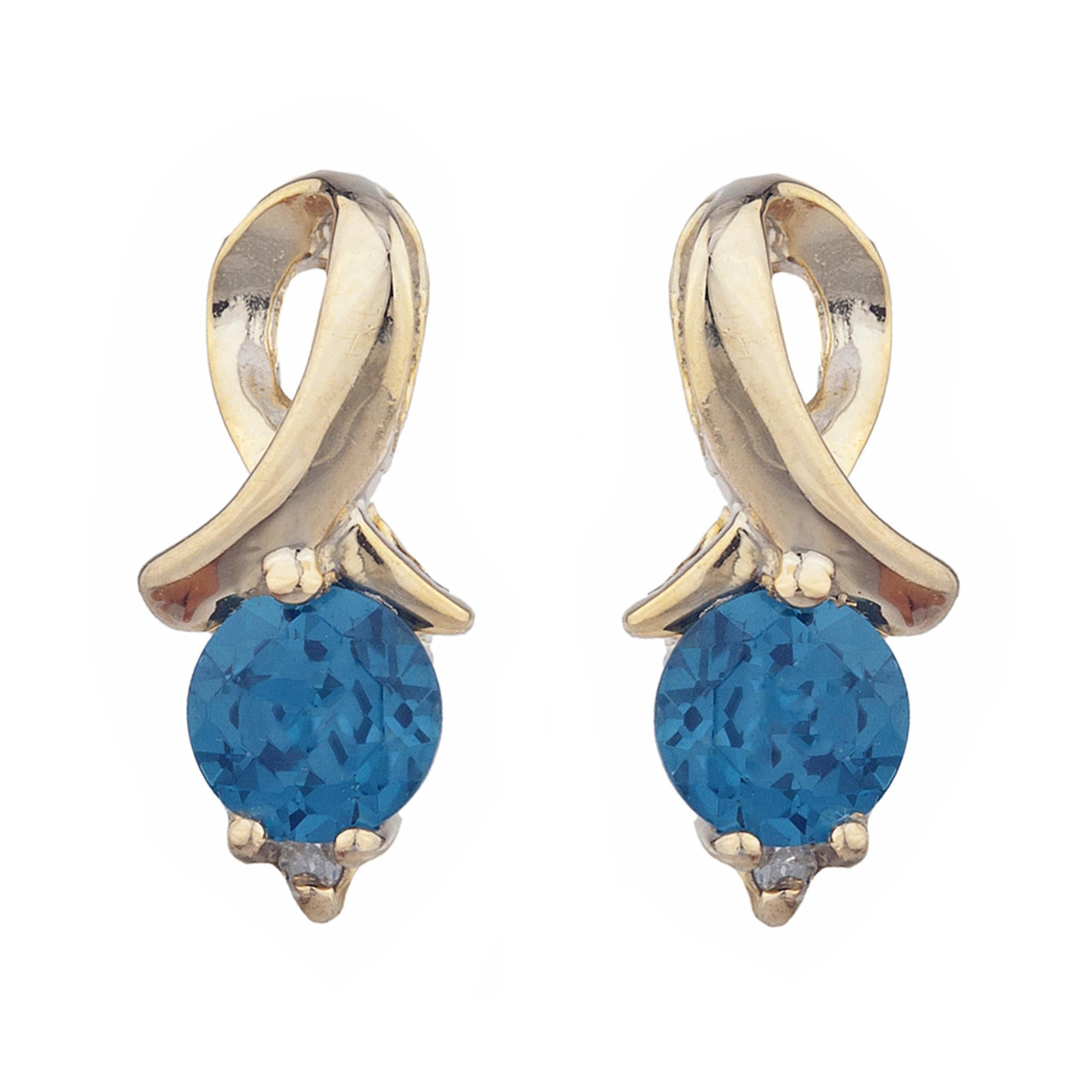 14Kt Gold London Blue Topaz & Diamond Round Design Stud Earrings