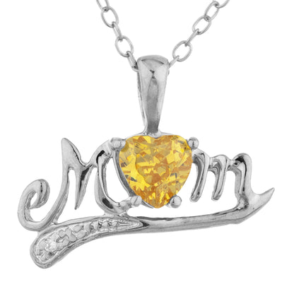 14Kt Gold Yellow Citrine & Diamond Heart Mom Pendant Necklace