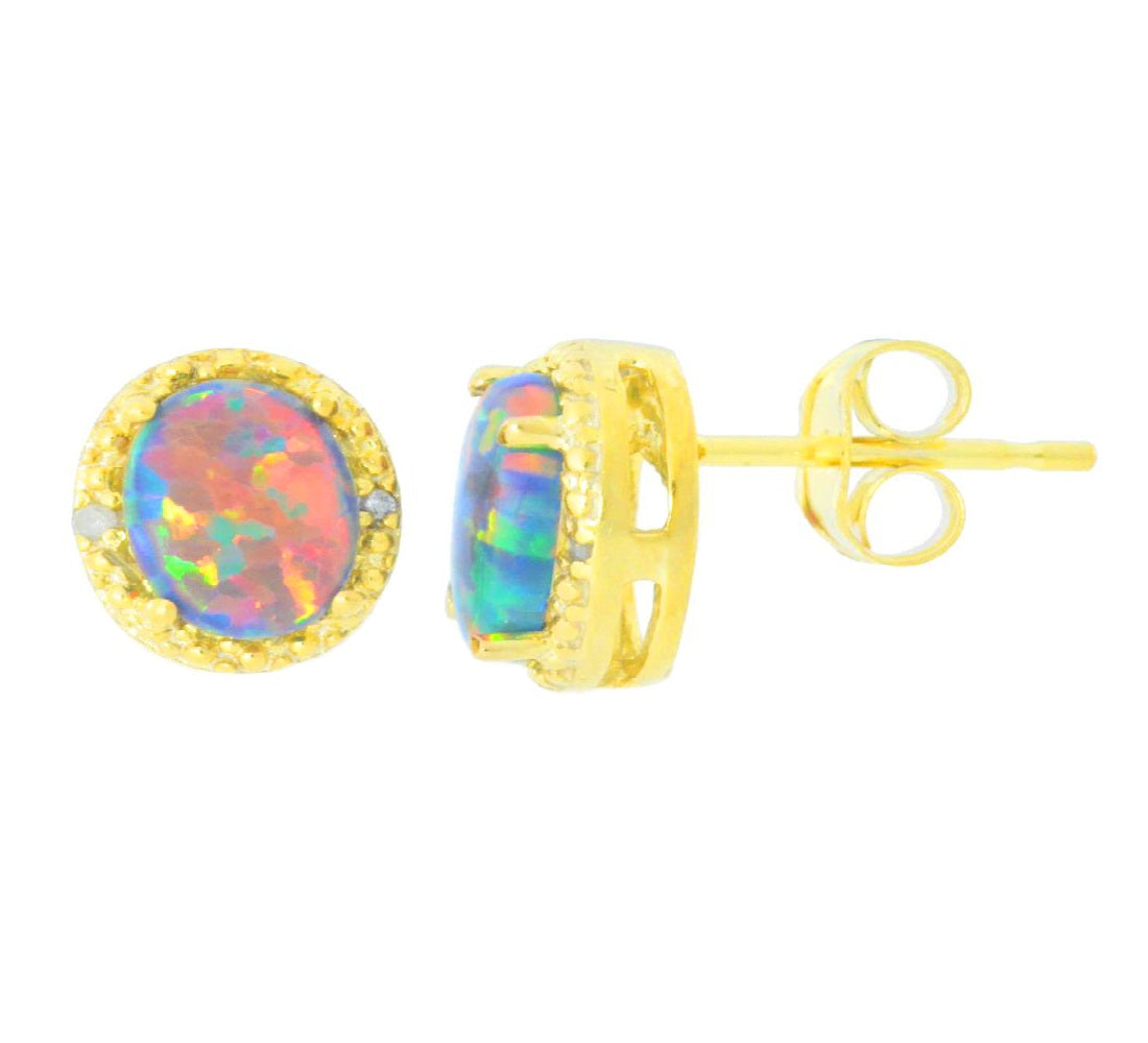 Black Opal & Diamond Round Stud Earrings 14Kt Yellow Gold Plated