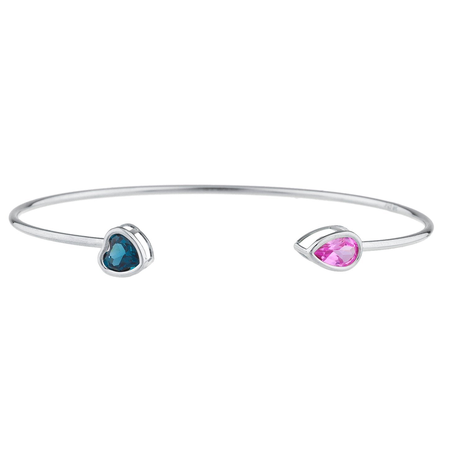 London Blue Topaz Heart & Pink Sapphire Pear Bezel Bangle Bracelet .925 Sterling Silver Rhodium Finish