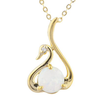 14Kt Yellow Gold Plated Genuine Opal & Diamond Swan Pendant