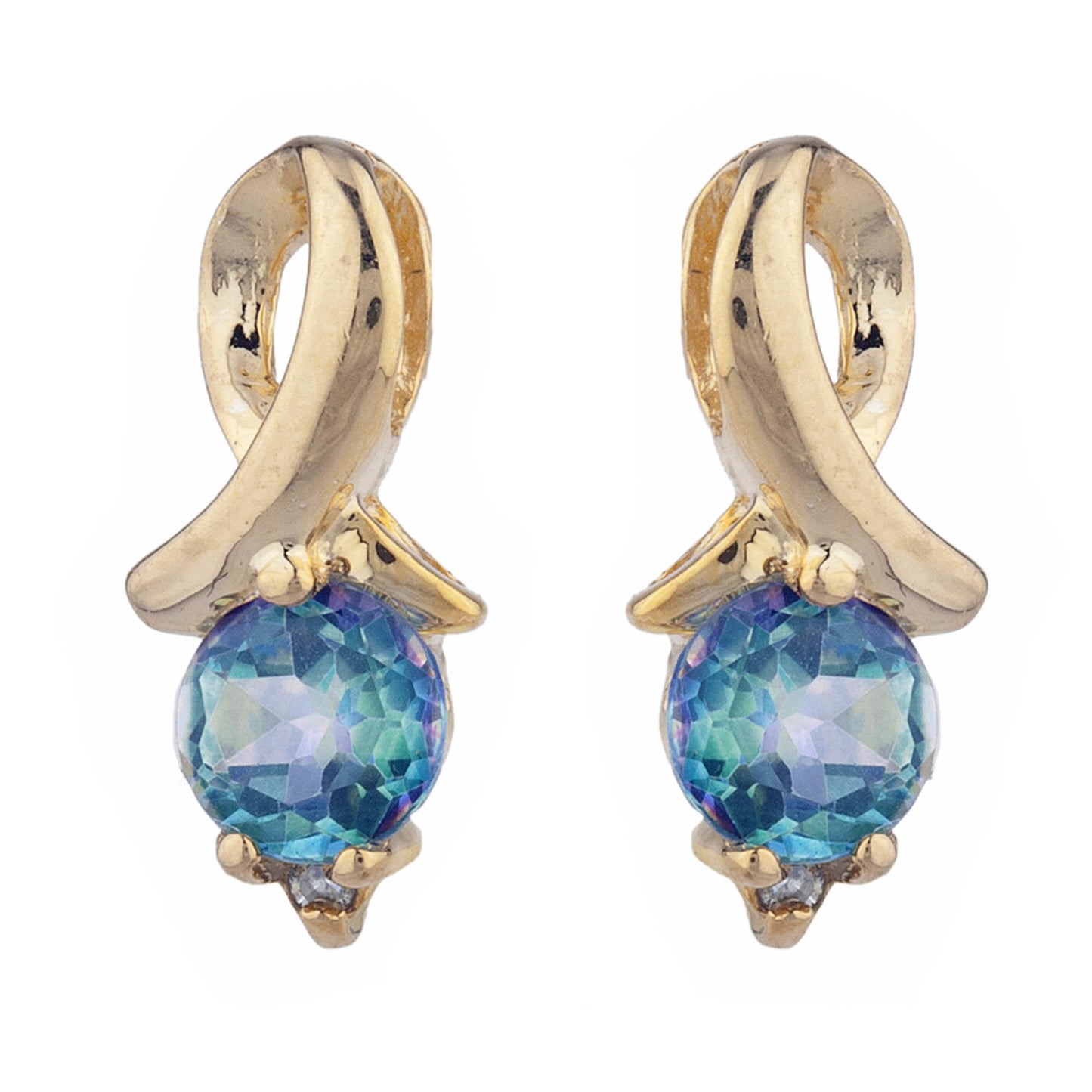 14Kt Yellow Gold Plated Natural Blue Mystic Topaz & Diamond Round Design Stud Earrings