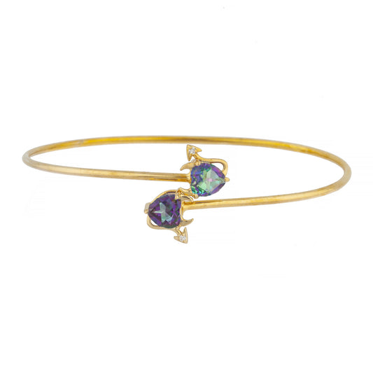 14Kt Gold Natural Mystic Topaz & Diamond Devil Heart Bangle Bracelet