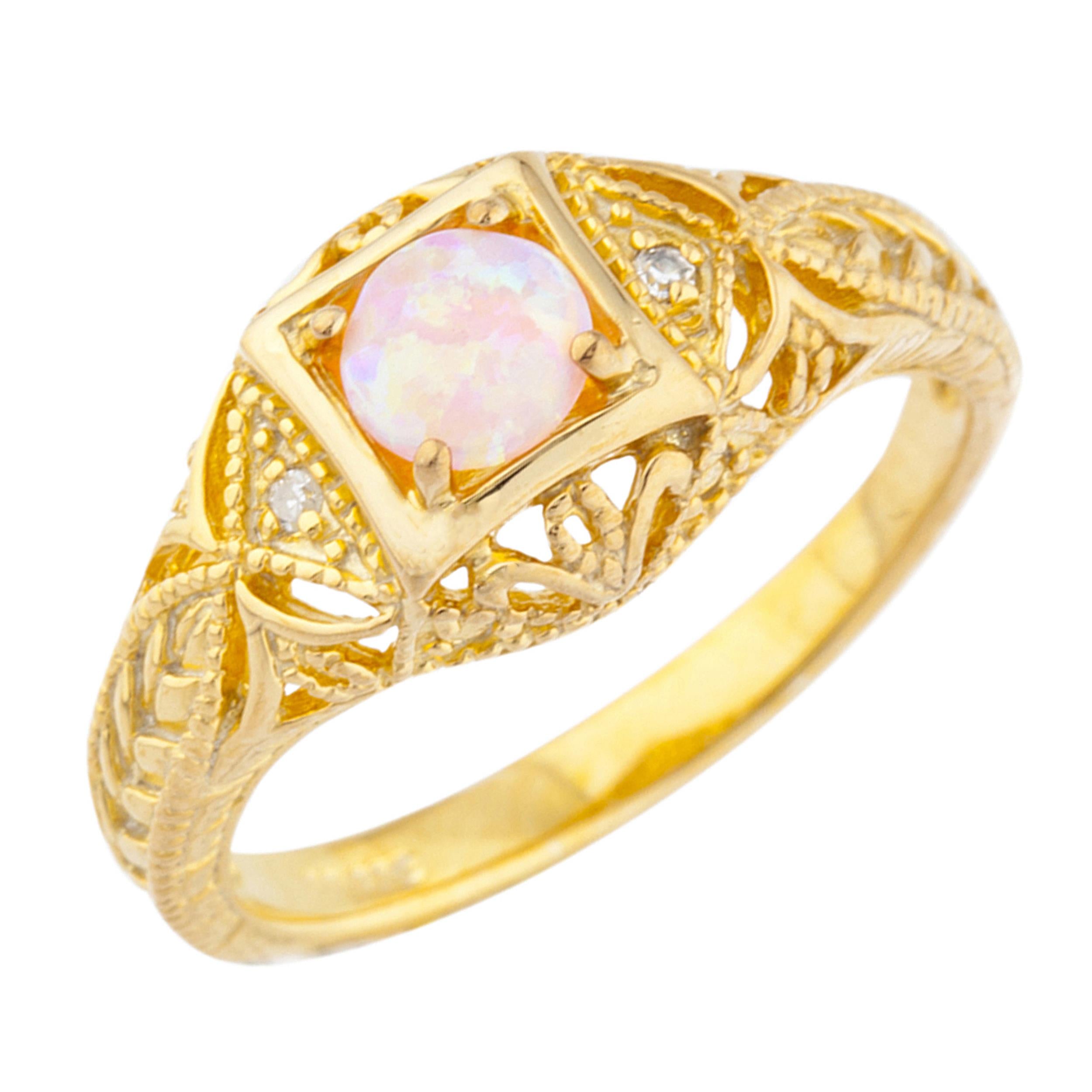 14Kt Gold Pink Opal & Diamond Design Round Ring