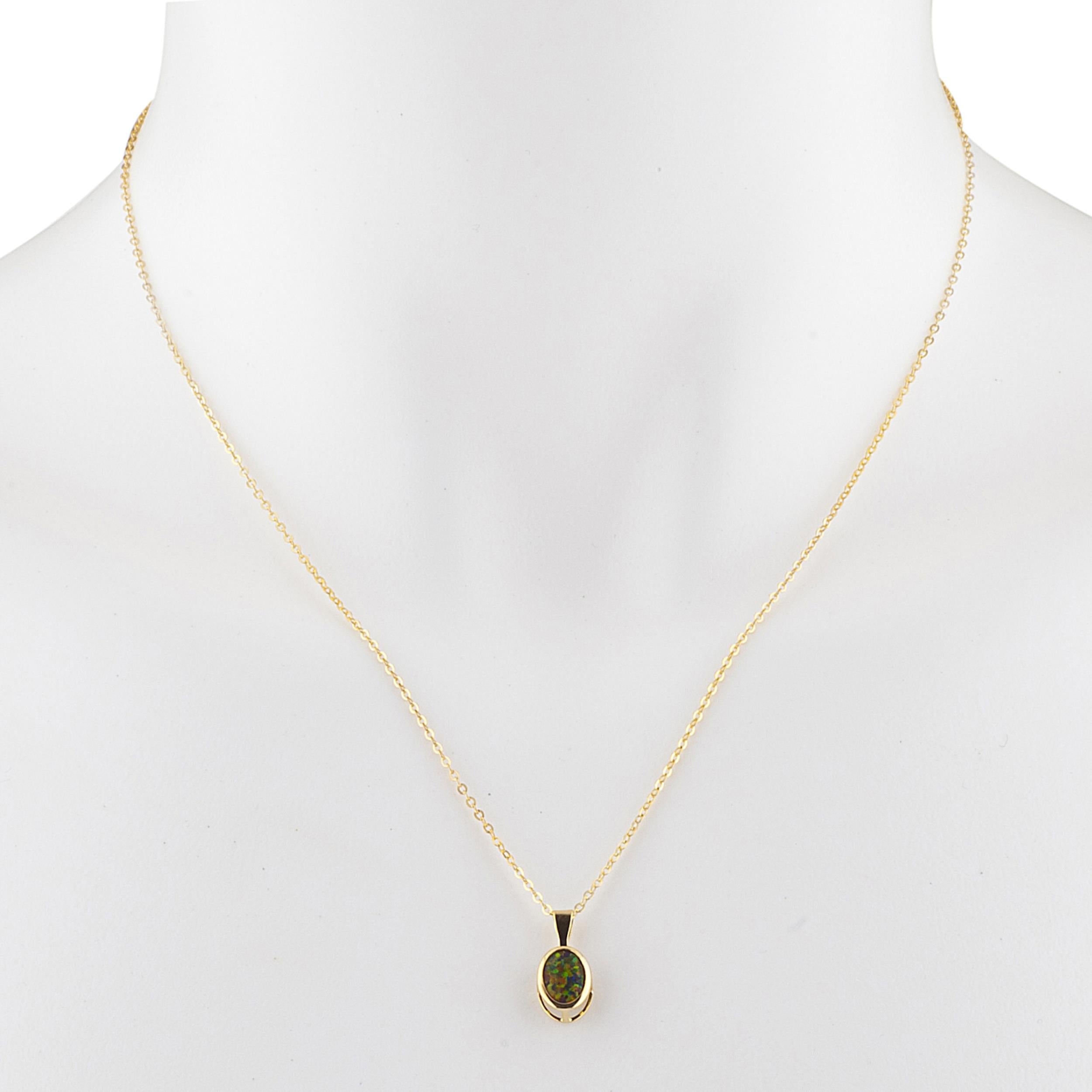 14Kt Gold Black Opal Oval Bezel Pendant Necklace
