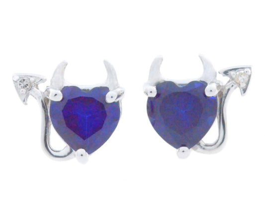 Blue Sapphire & Diamond Devil Heart Stud Earrings .925 Sterling Silver