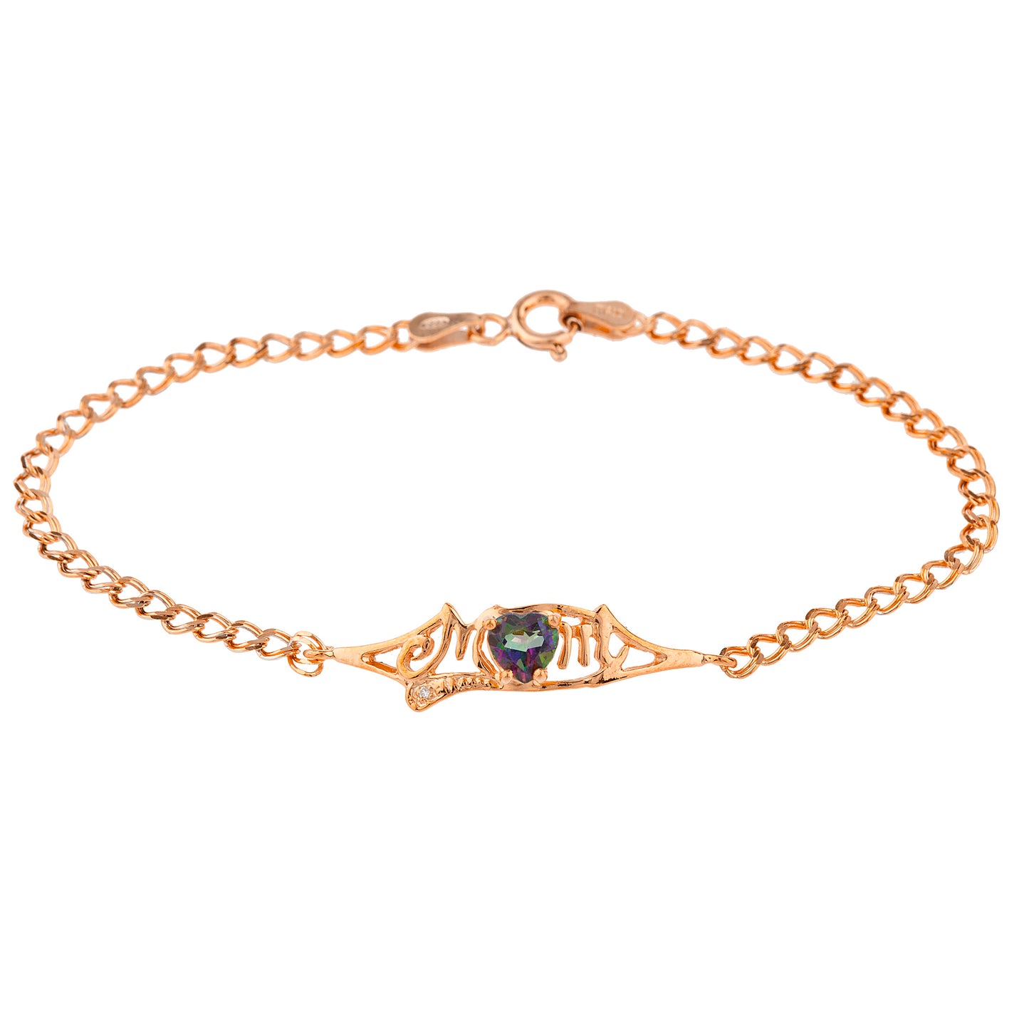 Natural Mystic Topaz & Diamond Heart Mom Bracelet 14Kt Rose Gold Plated Over .925 Sterling Silver