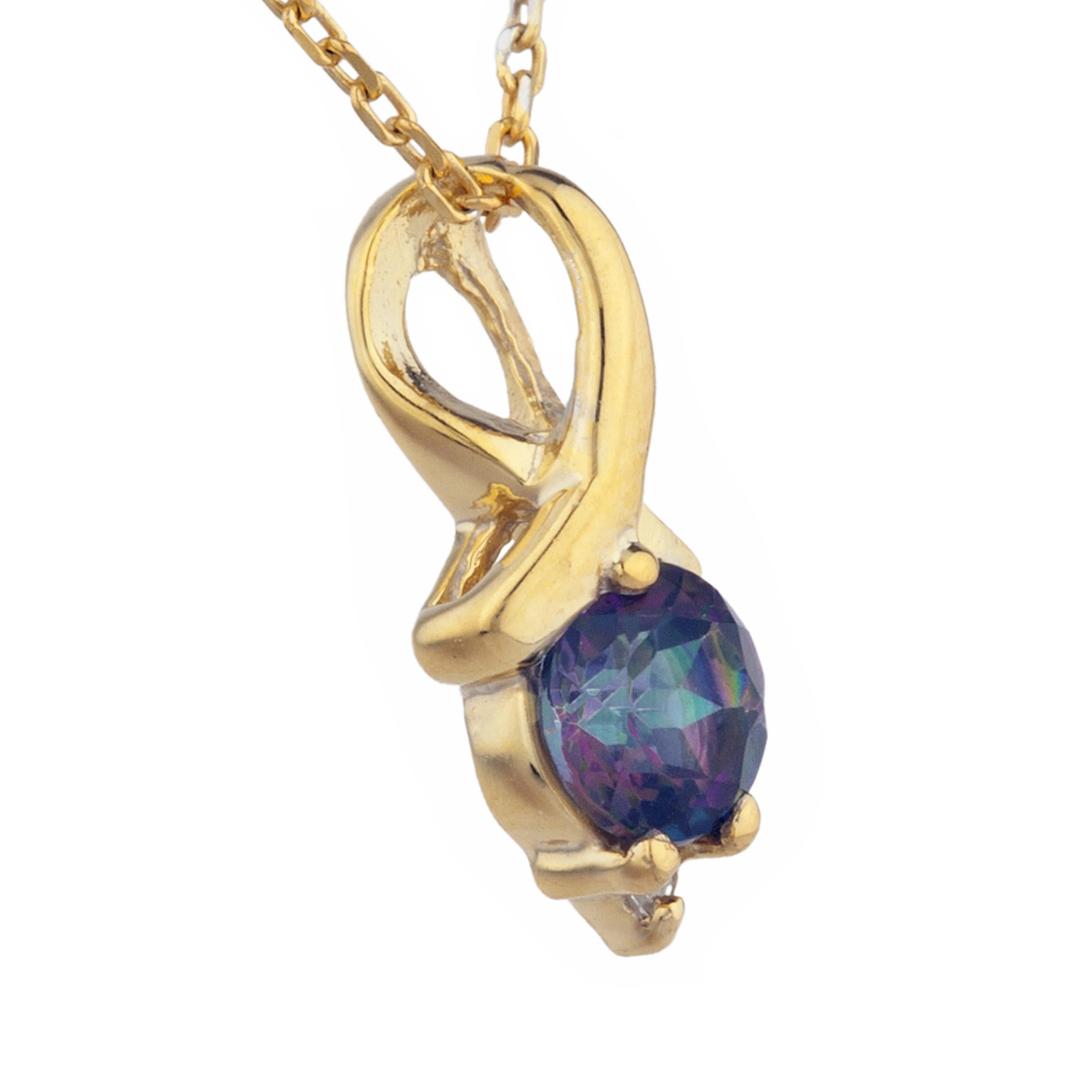 14Kt Gold Natural Mystic Topaz & Diamond Round Design Pendant Necklace