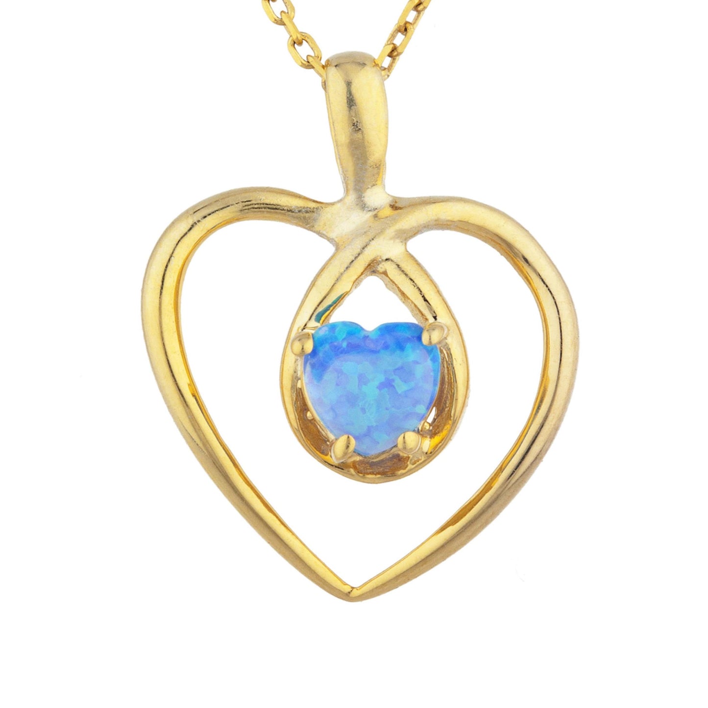 14Kt Gold Blue Opal Heart Design Pendant Necklace