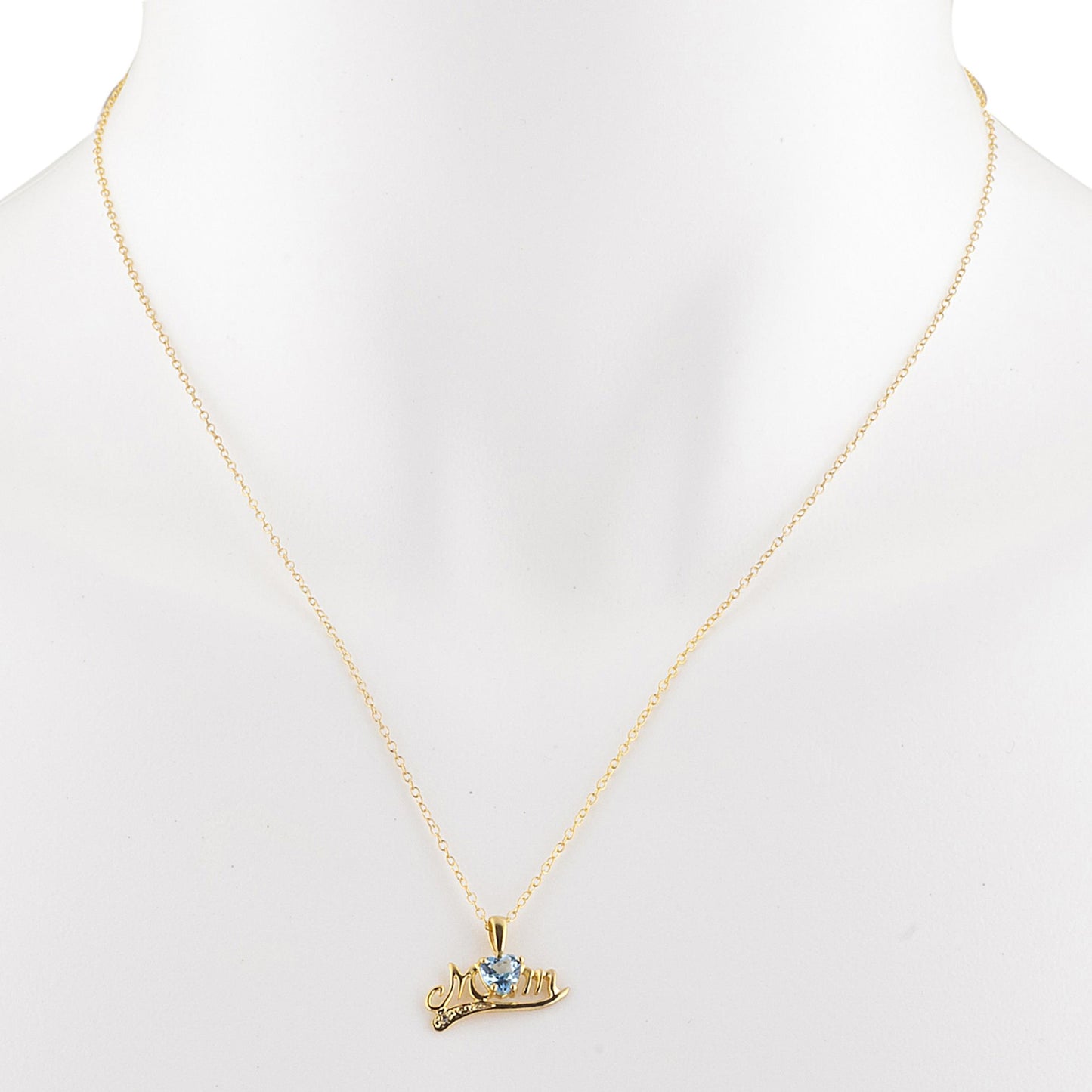 14Kt Gold Blue Topaz & Diamond Heart Mom Pendant Necklace