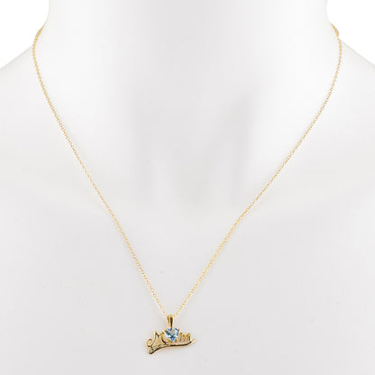 14Kt Gold Blue Topaz & Diamond Heart Mom Pendant Necklace