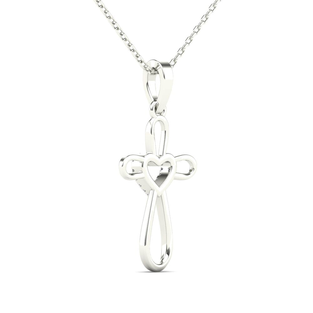 14Kt White Gold Genuine Natural Diamond Cross Heart Pendant Necklace