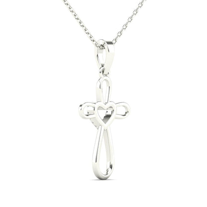 14Kt White Gold Genuine Natural Diamond Cross Heart Pendant Necklace