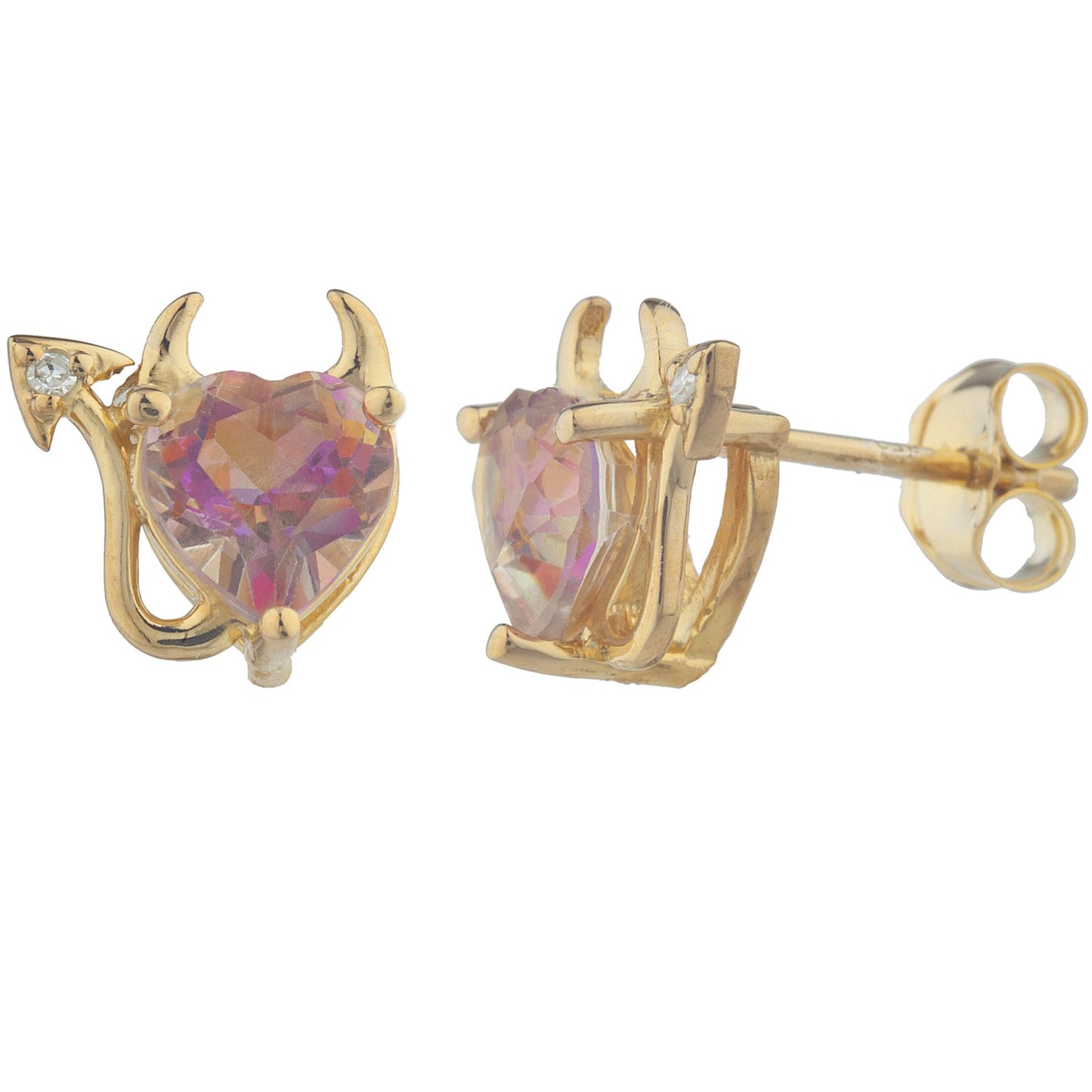 Natural Ecstasy Mystic Topaz & Diamond Devil Heart Stud Earrings 14Kt Yellow Gold Plated