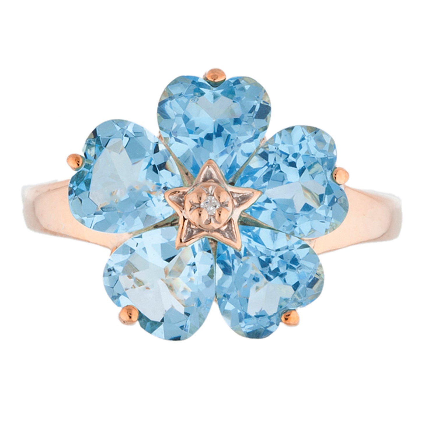 14Kt Gold Blue Topaz & Diamond Heart Flower Design Ring