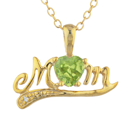 14Kt Yellow Gold Plated Peridot & Diamond Heart Mom Pendant