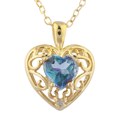 14Kt Yellow Gold Plated Natural Blue Mystic Topaz & Diamond Love Design Heart Pendant