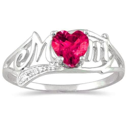 Ruby & Diamond Heart Mom Ring .925 Sterling Silver