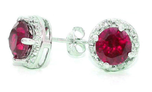 14Kt White Gold Ruby & Diamond Round Stud Earrings