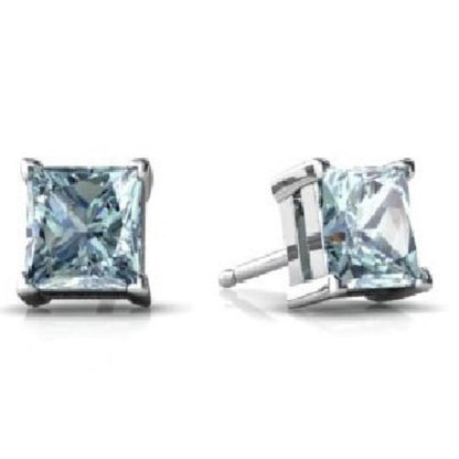 14Kt White Gold Aquamarine Princess Cut Stud Earrings