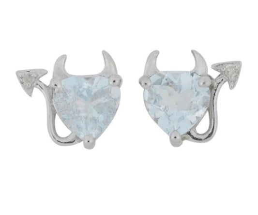 Genuine Aquamarine & Diamond Devil Heart Stud Earrings .925 Sterling Silver