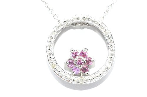 Pink Sapphire Round Diamond Pendant .925 Sterling Silver Rhodium Finish