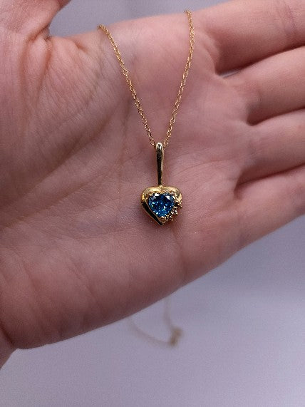 14Kt Gold London Blue Topaz & Diamond Heart Design Pendant Necklace