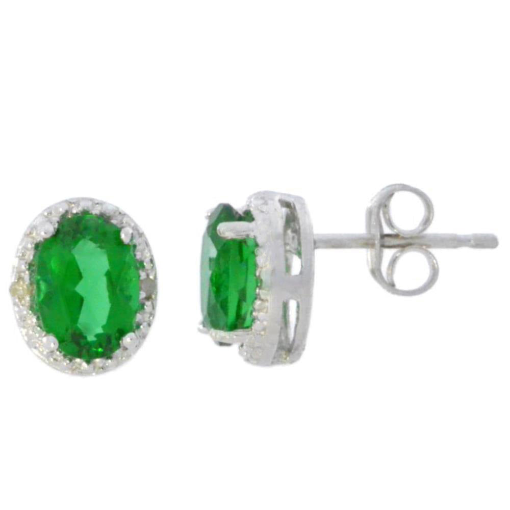 14Kt White Gold Emerald & Diamond Oval Stud Earrings