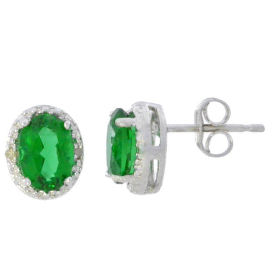 14Kt White Gold Emerald & Diamond Oval Stud Earrings