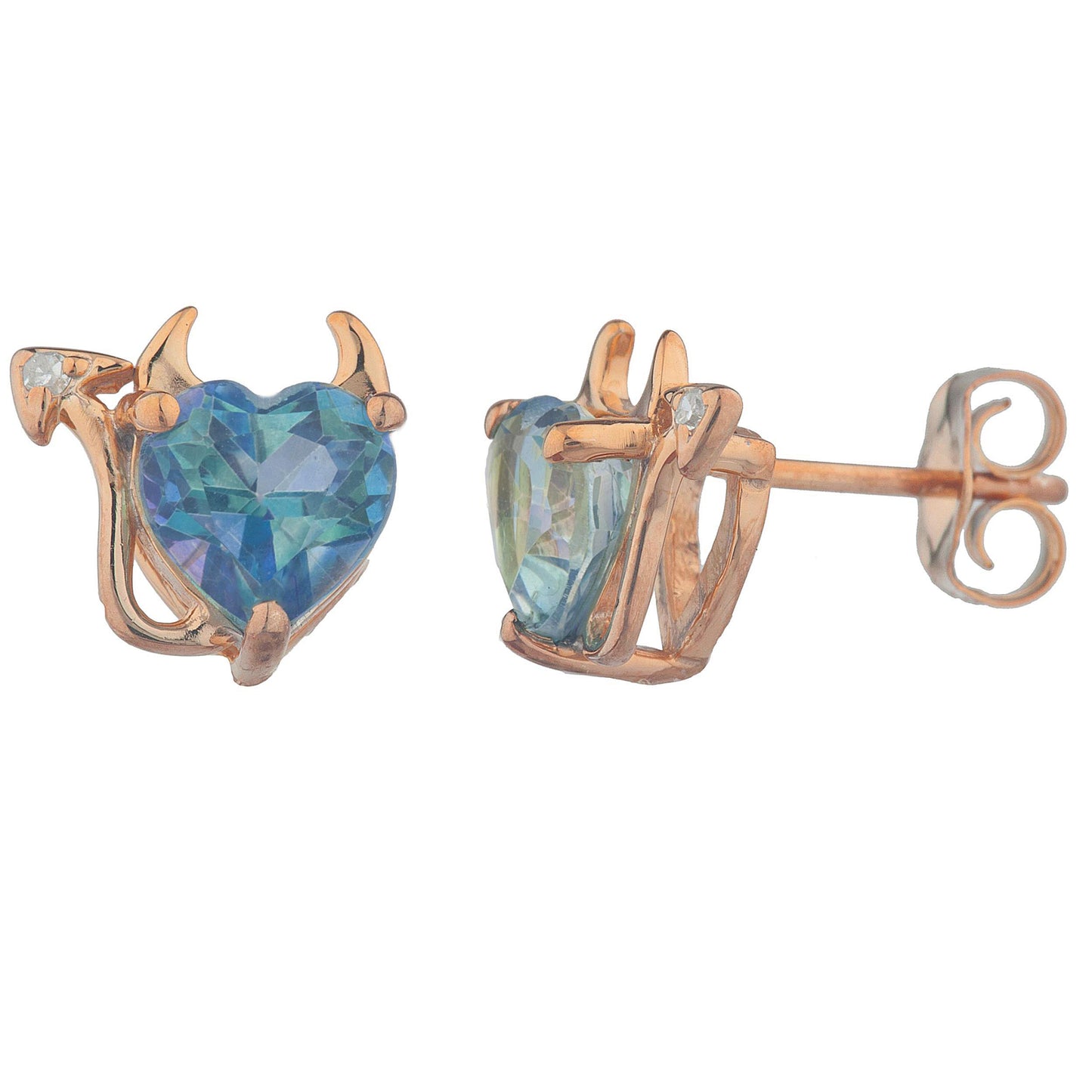 Natural Blue Mystic Topaz & Diamond Devil Heart Stud Earrings 14Kt Rose Gold Plated