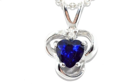 0.50 Carat Created Blue Sapphire Heart Diamond Pendant .925 Sterling Silver Rhodium Finish