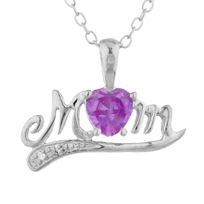 14Kt Gold Pink Sapphire & Diamond Heart Mom Pendant Necklace