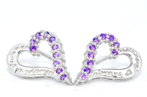 Always & Forever Engraving Amethyst Heart Stud Earrings .925 Sterling Silver