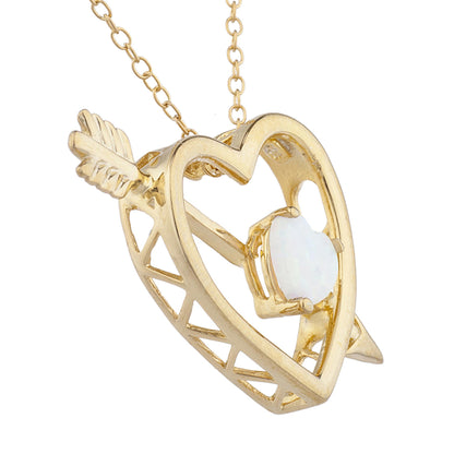 14Kt Gold Genuine Opal Heart Bow & Arrow Pendant Necklace