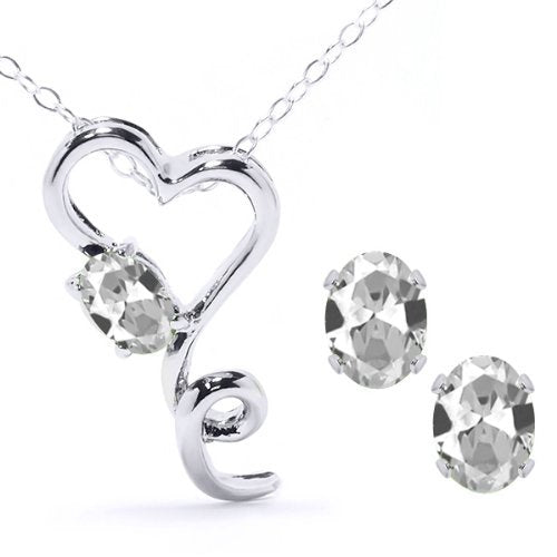 2.5 Ct White Topaz Oval Heart Stud Earrings & Pendant .925 Sterling Silver Rh...