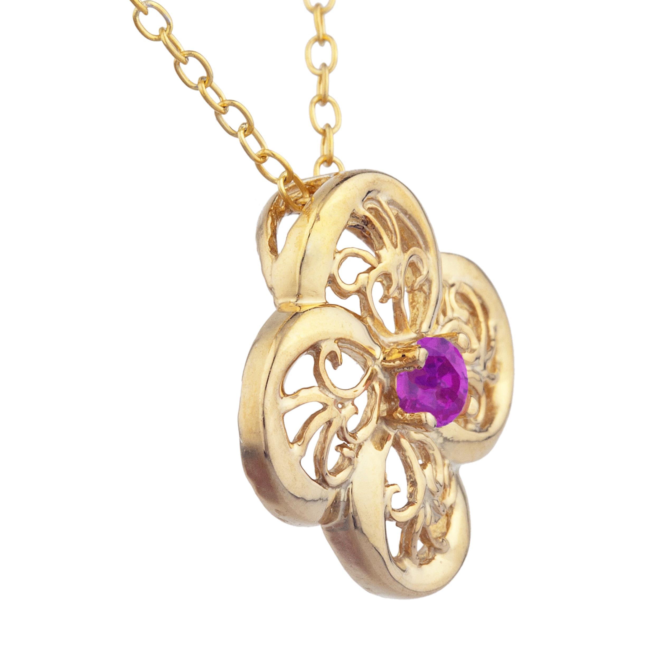 14Kt Gold Created Ruby Clover Design Pendant Necklace