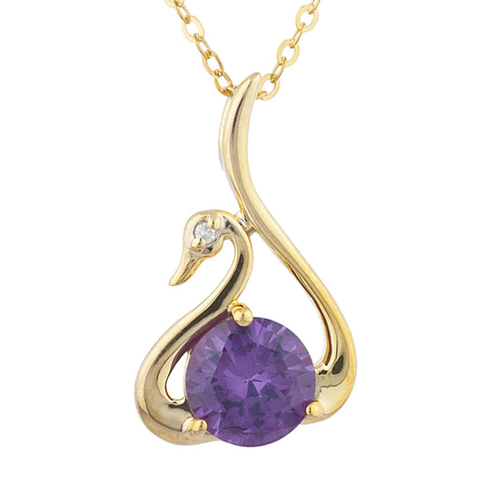 14Kt Yellow Gold Plated Amethyst & Diamond Swan Pendant