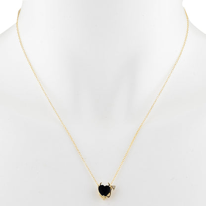 14Kt Gold 1.5 Ct Genuine Black Onyx & Diamond Devil Heart Pendant Necklace