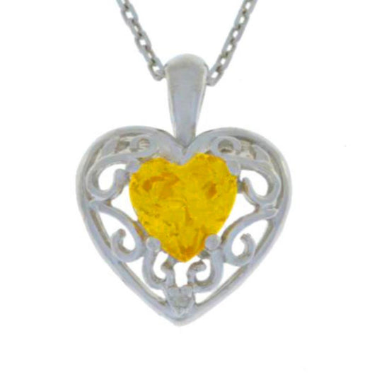 1 Ct Citrine & Diamond Heart Love Engraved Pendant .925 Sterling Silver Rhodium Finish