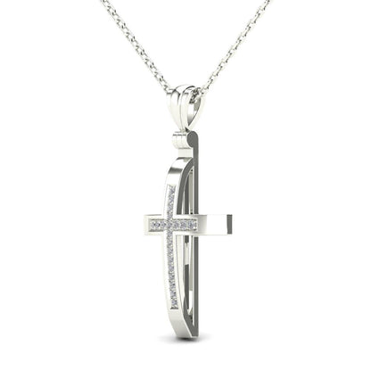 14Kt White Gold Genuine Natural Diamond Cross Pendant Necklace