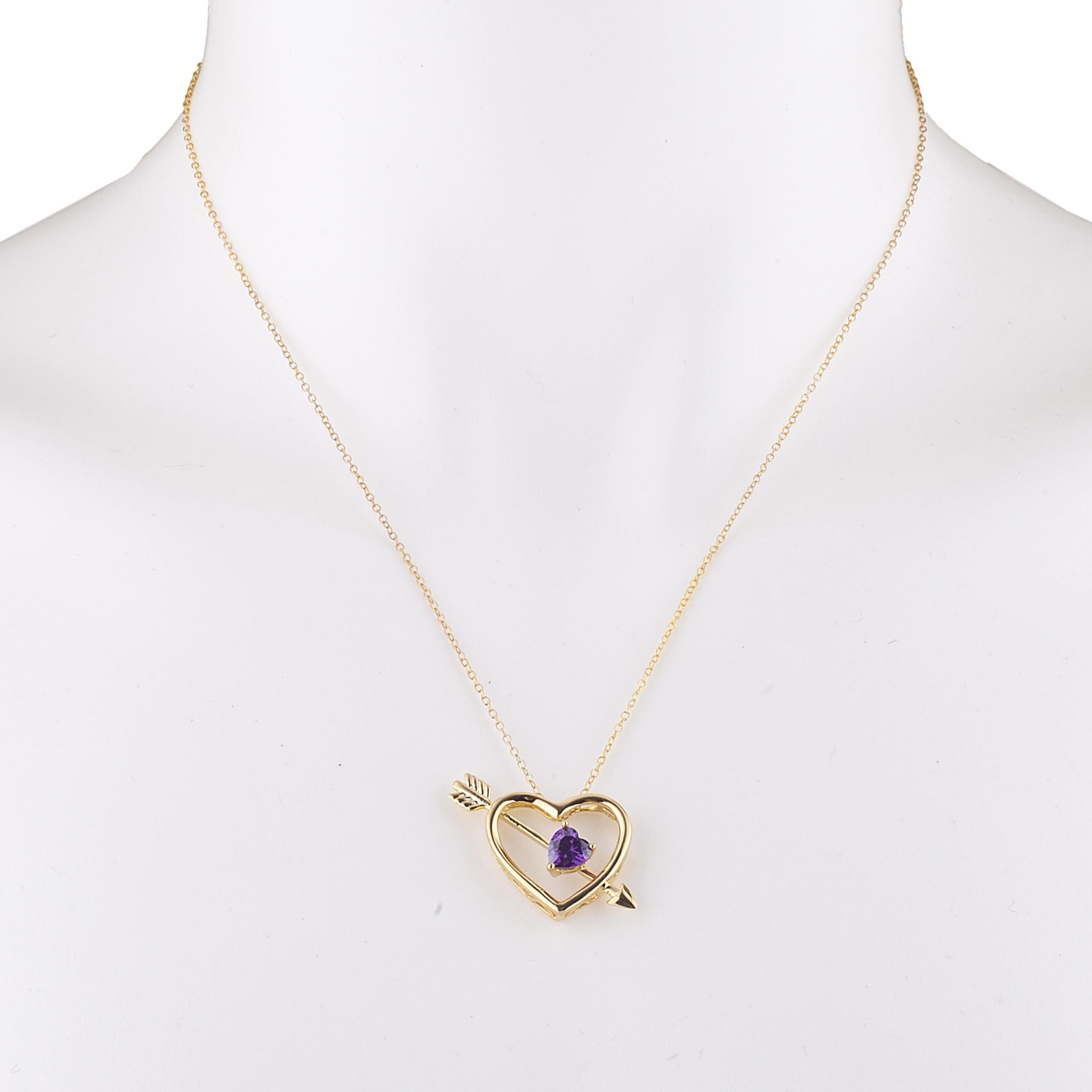 14Kt Gold Amethyst Heart Bow & Arrow Pendant Necklace