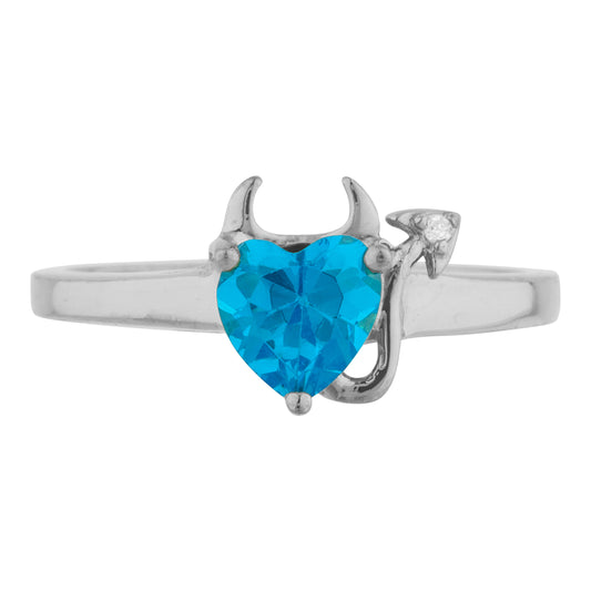 Swiss Blue Topaz & Diamond Devil Heart Ring 14Kt Yellow Gold Rose Gold Silver