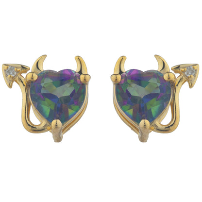 Natural Mystic Topaz & Diamond Devil Heart Stud Earrings 14Kt Yellow Gold Plated