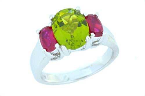 3.5 Ct Peridot & Ruby Oval Ring .925 Sterling Silver Rhodium Finish