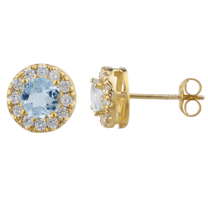 14Kt Gold 1 Ct Genuine Aquamarine Halo Design Stud Earrings