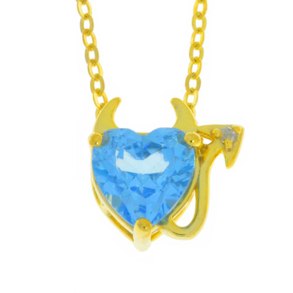 14Kt Yellow Gold Plated Blue Topaz & Diamond Devil Heart Pendant