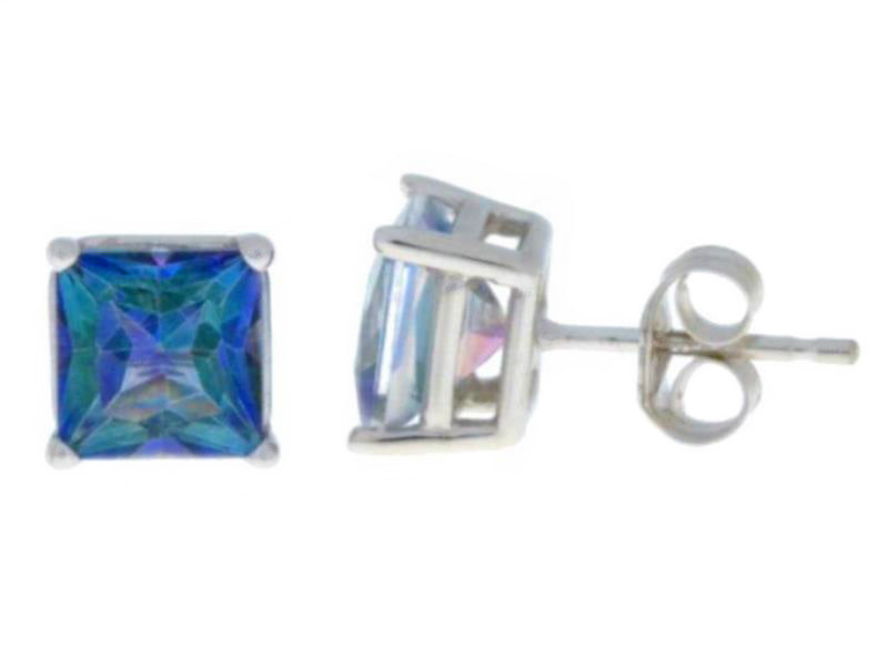 14Kt White Gold Blue Mystic Topaz Princess Cut Stud Earrings