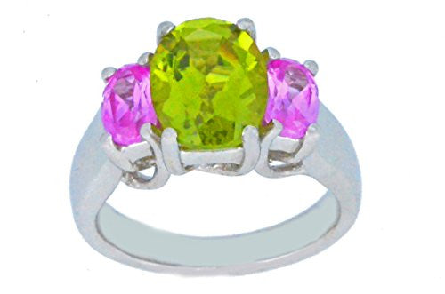 4 Ct Peridot & Pink Sapphire Oval Ring .925 Sterling Silver Rhodium Finish