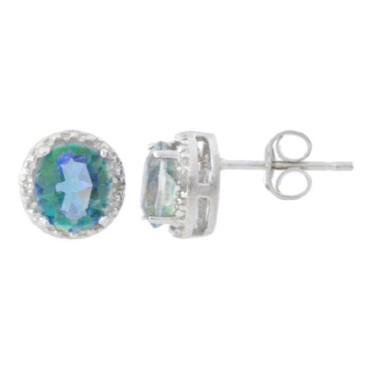 2 Ct Genuine Blue Mystic Topaz & Diamond Round Stud Earrings .925 Sterling Silver