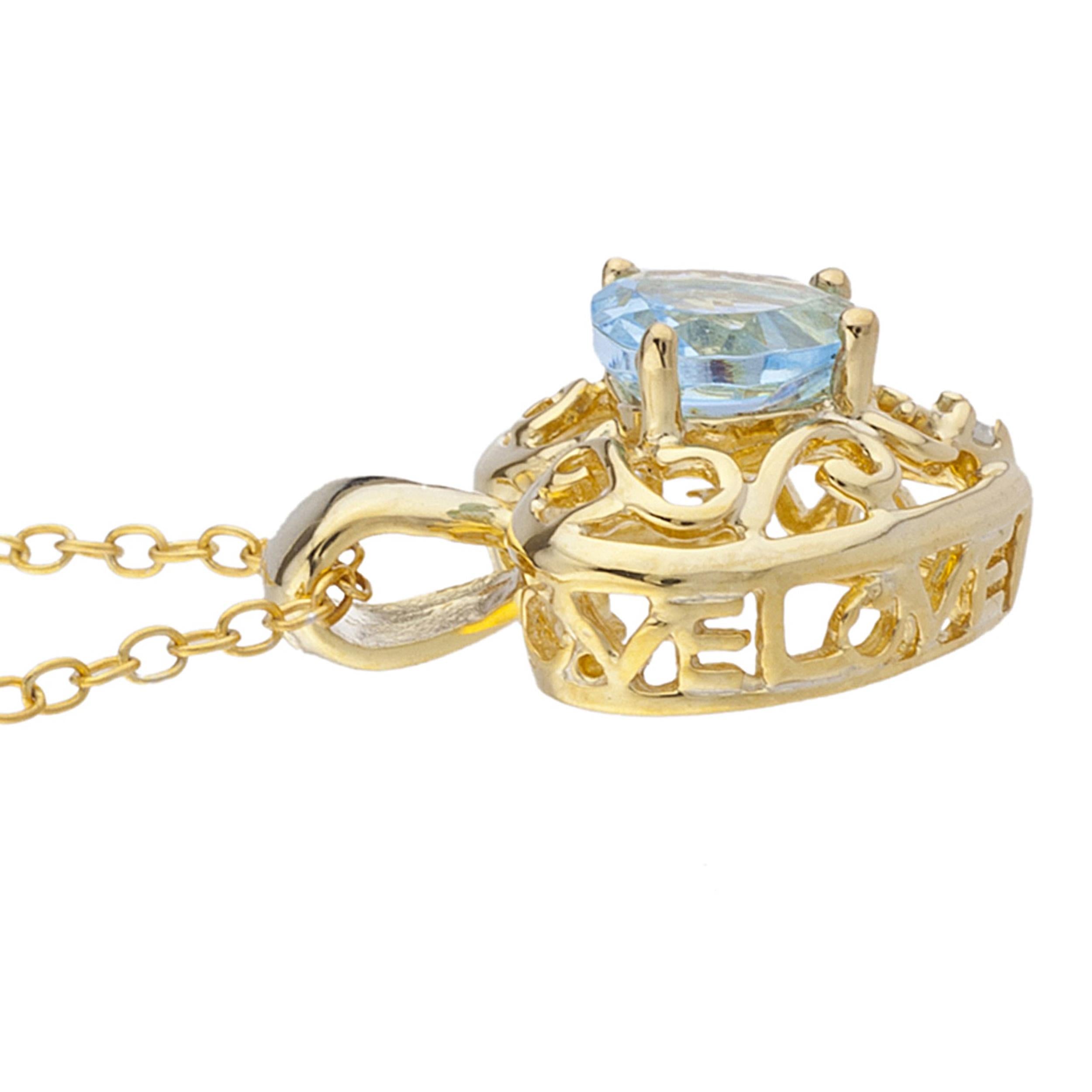 14Kt Gold Blue Topaz & Diamond Heart LOVE ENGRAVED Pendant Necklace
